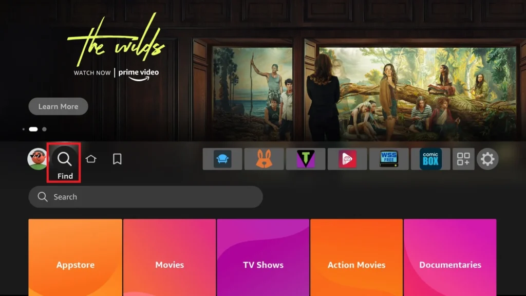 Inicia tu FireStick y ve a “Buscar” en la pantalla de inicio.