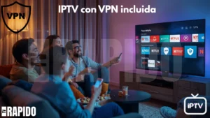 Familia disfrutando de TV y snacks al comprar IPTV con VPN incluida.
